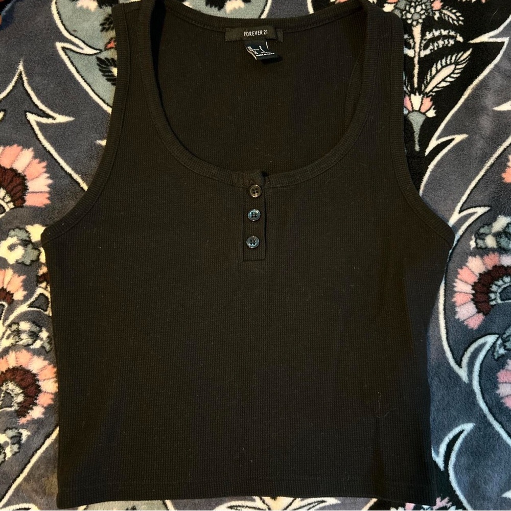 Black waffle knit crop tank top